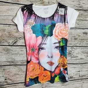 Brink Womens Stetch T Shirt Top in Small Asian Art Portrait Floral Print